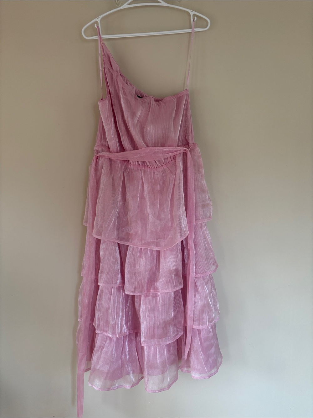 Lulu's Pink One-Shoulder Tiered Ruffle Gown